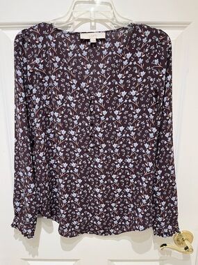 EUC LOFT Dark Brown Blouse with Light Blue Floral Print